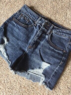 Buckle Dark Blue Distressed Denim Jean Shorts